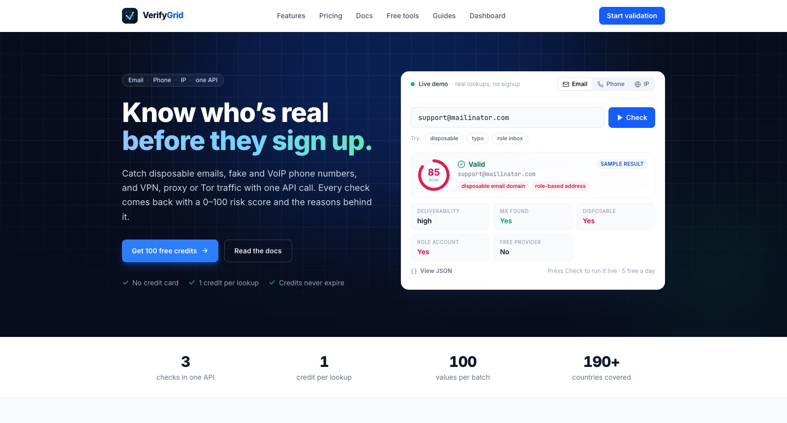 VerifyGrid homepage: "Know who’s real before they sign up" beside a live email-check demo showing an 85 risk score